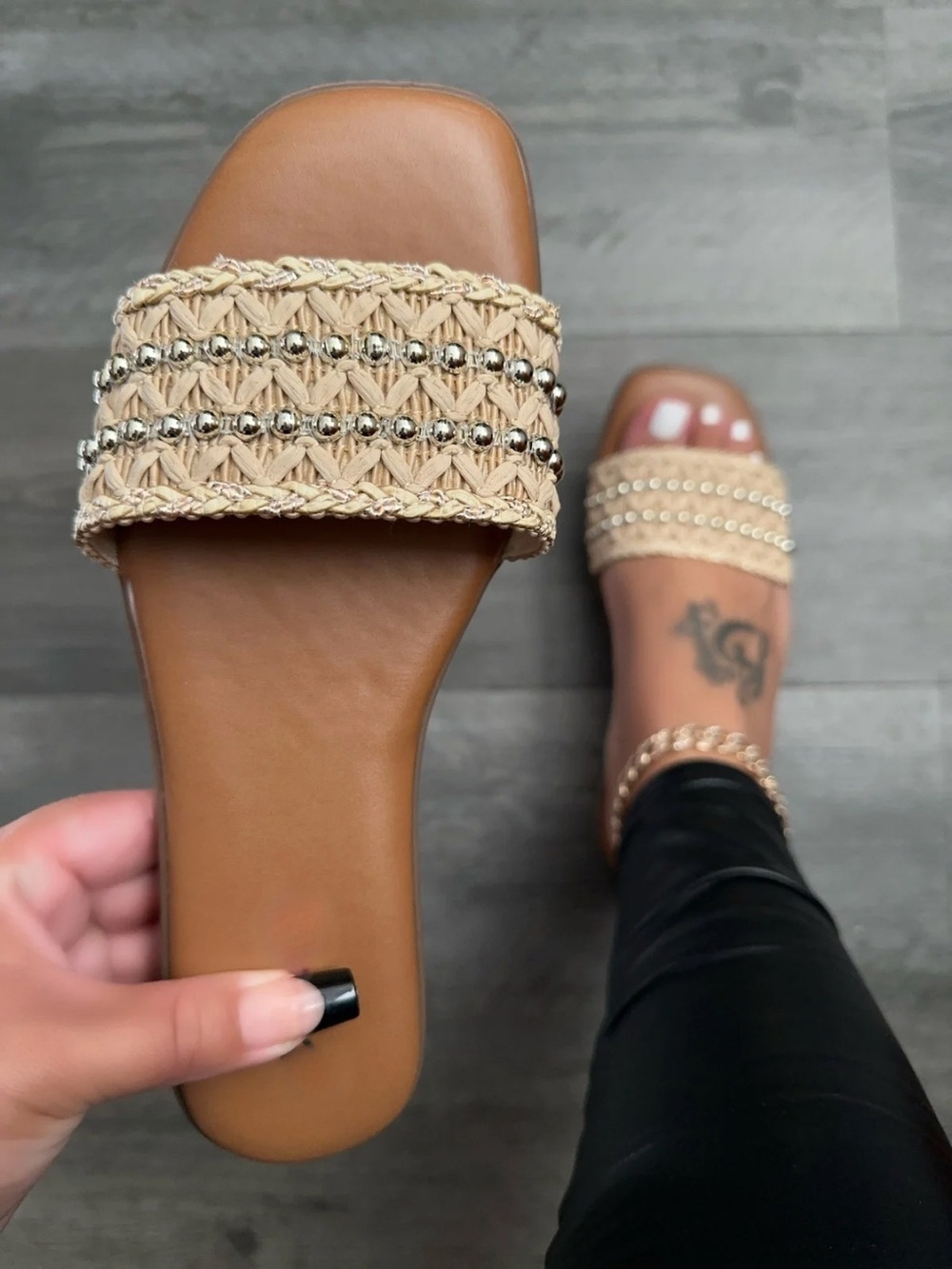 ✨ NWT Boho Raffia Woven Studded Slide Sandals | Resort Summer Flats